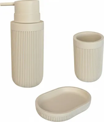 Immagine prodotto di Accessori da bagno Relaxdays, set da 3 pezzi, portasapone, dispenser per sapone, portaspazzolino, poliresina, set di accessori da bagno, beige