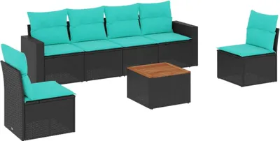 Produktbild von 7-tlg. Garten-Sofagarnitur mit Kissen Schwarz Poly Rattan