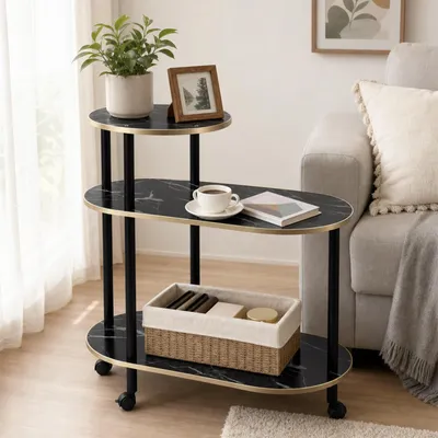 Produktbild von C Form Beistelltisch mit Rollen,Holz Couchtisch mit 3 Ablagen,Kleiner Sofatisch Für SCouch, Bett, Badezimmer & Wohnzimmer,Moderner-Design 60x30x71cm