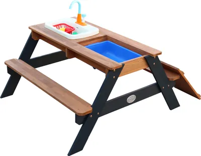 Produktbild von AXI Emily Kinder Sand & Wasser Picknicktisch aus Holz | Wasserspieltisch & Sandtisch mit Deckel, Behältern & Spüle | Kindertisch / Matschtisch in Anthrazit & Braun für den Garten