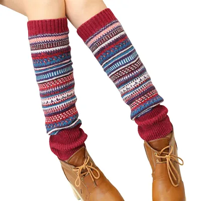 Produktbild von 1 Paar Stulpen im Ethno-Stil mit Streifenmuster, Rippbündchen, kniehoch, gestrickt, Herbst/Winter, Damen, warme Stiefelstrümpfe