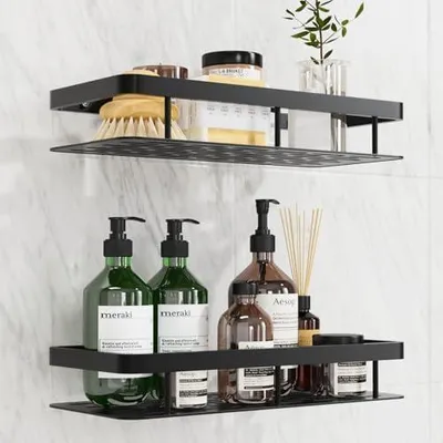 Produktbild von Duschablage ohne Bohren & Dusche Organizer – Selbstklebend, Rostfrei, Großes Fassungsvermögen – Wandmontiert für Shampoo, Seife, Duschgel – Badewannenablage – Aluminium Schwarz
