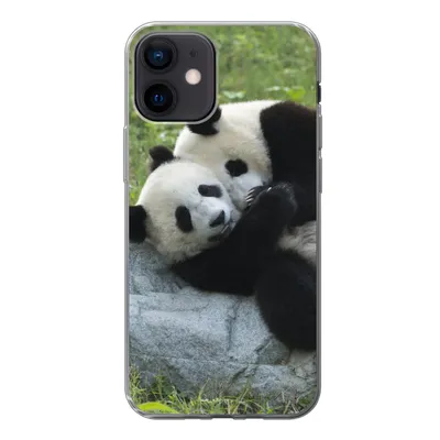 Produktbild von MuchoWow® Handyhülle Schutzhülle Hülle für iPhone 12 Pandas - Gras - Stein Silikon Softcase Handy Hülle - Schutzhülle