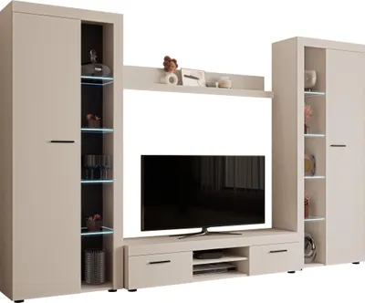 Produktbild von MIRJAN24 Wohnwand Farso XL, Modernes Wohnzimmer-Set, Schrankwand, Stilvoll Mediawand, TV-Möbel (mit weißer Beleuchtung, Sandbeige)