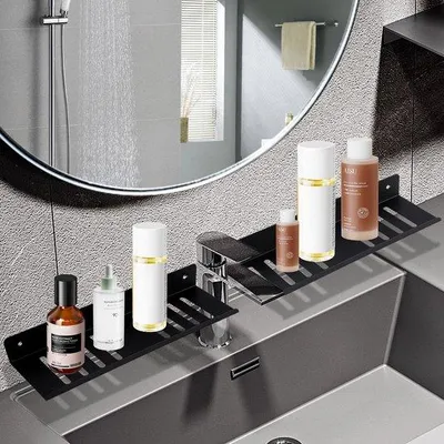 Productafbeelding van Ibenzoa® Zwarte metalen doucheplank, set van 2, zonder boren, koolstofstaal, 11 x 30 cm, draagvermogen tot 15 kg – geschikt voor badkamer, keuken en slaapkamer