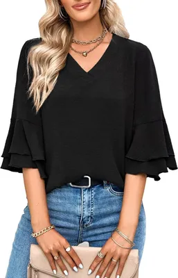 Image de ASKSA Chemise Femme Manches à Ruches Col V Chemisier Tunique Tops, Noir, XL
