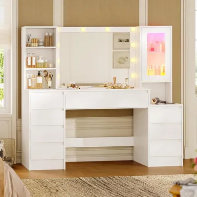 Image de Table de maquillage LED de 120 cm avec miroir, multiprises, 8 tiroirs, étagères réglables, éclairage LED dimmable et espace de rangement pour bijoux