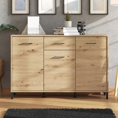 Produktbild von Dmora Anrichte Laerru 138x40x90h cm Eiche Rustikal, 3 Schubladen, 3 Regale