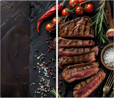 Produktbild von Spritzschutz Herdabdeckplatte Schneidebrett aus Glas Gegrilltes Steak Teller 2-Teilig (60x52cm)