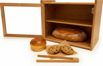 Produktbild von Relaxdays Brotkasten Bambus, 2 Etagen, Brotlade mit Sichtfenster, inkl. Toastzange, HBT: 31x40x17,5 cm, Brotbox, natur