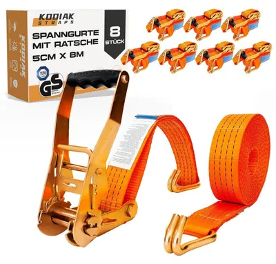 Obrázek produktu pro 8 kusů upínacích popruhů, délka 8 metrů, nosnost 4000 kg, s ráčnou a háky – oranžové upínací popruhy, šířka 50 mm