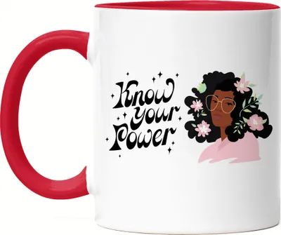 Produktbild von Know Your Power Tasse Rot Spruch Motiv Geschenk für Superheldinnen Frauenpower Frauentag Feminismus