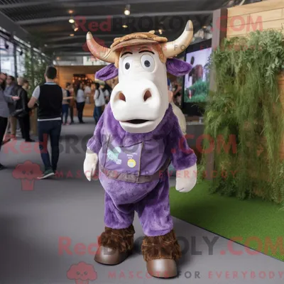 Produktbild von Maskottchen REDBROKOLY einer lila Hereford-Kuh mit Cargohose und Haarspangen