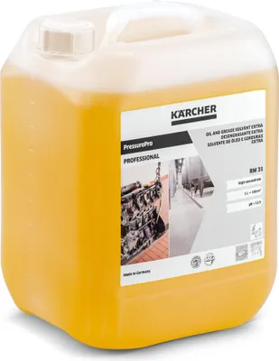 A yellow plastic container of Kärcher PressurePro Oil and Grease Solvent Extra.
