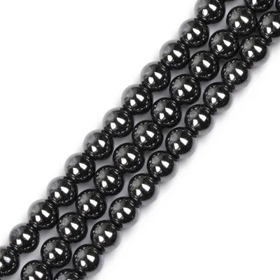 Hämatit-Perlen 8 mm, schwarz, rund, 38 cm Strang