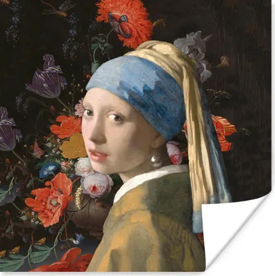 Produktbild von MuchoWow® Poster Das Mädchen mit dem Perlenohrring - Vermeer - Blumen 50x50 cm - Wohnzimmerdekoration