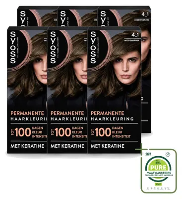 Imagen del producto de 6 tintes permanentes para el cabello SYOSS, tono 4-1 Castaño Medio con Keratina - Paquete grande - 6 unidades