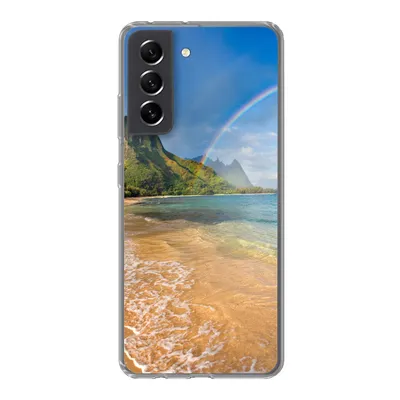 Produktbild von MuchoWow® Handyhülle Schutzhülle Hülle für Samsung Galaxy S21 FE Ein schöner Regenbogen am Tunnels Beach in Hawaii Silikon Softcase Handy Hülle - Mobiltelefonhülle