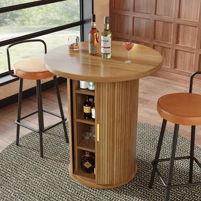 Produktbild von MODFU Esstisch rund,Bartisch mit vier Ablageböden,Stehtisch 91,6 cm hoch mit Schrank,Küchentisch mit Säulenform aus Metallgriffen, Stauraumschrank,Holzfarbe