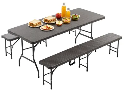 Obrázok produktu pre Skladací piknikový stôl s 2 lavičkami, 3-dielna súprava na kemping, HDPE, hnedá, 180x74x43 cm