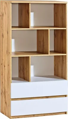 A tall, narrow bookshelf with multiple compartments and two drawers at the bottom, set against a white background.