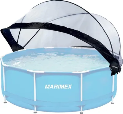 A round, blue swimming pool with a white and black canopy cover.