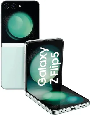 A mint colored Samsung Galaxy Z Flip5 phone is shown in both closed and open positions against a white background.