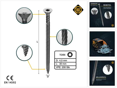 Obrázek produktu pro FORTE Tools Univerzální šroub do dřeva 4,5 x 30 mm T20 200 ks ( 000040113872 ) stříbrně pozinkovaný Torx se zápustnou hlavou s plným závitem