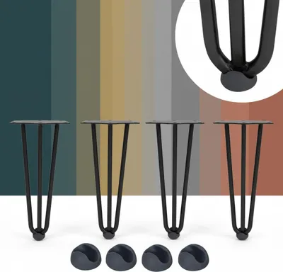 Four black hairpin legs are displayed on a white surface against a background of vertical color stripes. A close-up inset shows the detail of one leg's base.