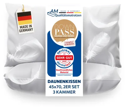 Produktbild von AM Qualitätsmatratzen | Premium 2er Daunenkissenset | 45x70 cm | Daunen | Kissen | 45x70 | Kopfkissen | Allergiker geeignet | Nomite | Downpass