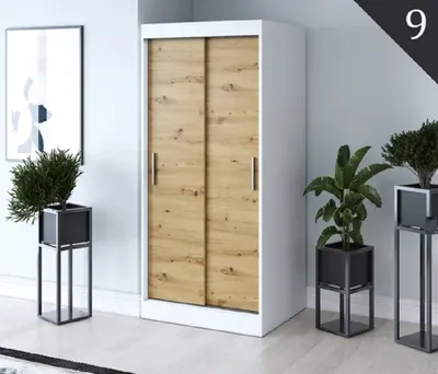 Produktbild von FurMeb24 Schiebetrenschrank GOLD -90x200cm 2-triger Kleiderschrank Ohne Spiegel, Schiebeschrank-(Weiss + Artisan Eiche)