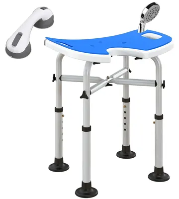 Image de Siège de douche - Aluminium - Hauteur réglable de 39 à 51,5 cm - Assise en forme de U - Ventouses antidérapantes - Capacité de charge jusqu'à 150 kg - Bleu foncé