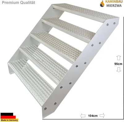Produktbild von Gitterrost Stahl Wangentreppe 5 Stufen Verzinkt & Weiß Pulverlackiert - (L x B x H) 101cm x 120cm x 95cm