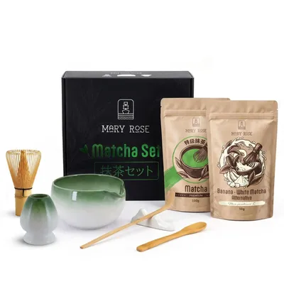 Produktbild von Mary Rose - Matcha Tee Geschenkset Premium 100g & Banane 50g - Grün Keramik Schale Hayashi 420ml - Bambus Chasen Besen - Für White Matcha Latte
