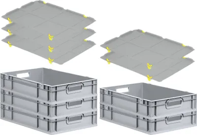 Produktbild von SparSet 5x Eurobox NextGen Economy mit Auflagedeckel und 4x Schiebeschnappverschlüsse Gelb | Griffe offen | HxBxT 12x40x60cm | 23 Liter | Eurobehälter, Transportbox, Transportbehälter, Stapelbehälter