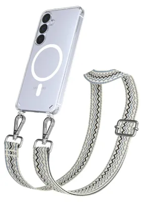 A clear phone case with a magnetic ring and a decorative strap attached.