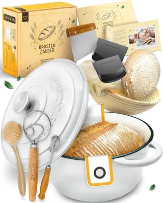 Produktbild von KRUSTENZAUBER Gusseisen Topf Brot Backen im XXL-Set inkl. Brot back Zubehör - Geschenkfertige Brotbackform mit Deckel samt Backzubehör & Anleitung