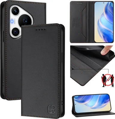 Obrázek produktu pro Kožené pouzdro pro Huawei Pura 70 Pro/Pura 70 Pro+, flipové pouzdro s přihrádkami na karty, peněženkou a stojánkem Černý