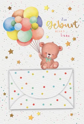 Produktbild von Geburt Baby Geldkarte mit Geldkuvert Bär Luftballons Glückwunschkarte mit Umschlag