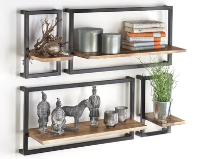 Produktbild von Kobolo Wandregal Hängeregal Metallregal aus Mangoholz und Metall - 4er Set - Regalsystem Board Regal Schweberegal Ablage Zimmer Deko Home Design Brett