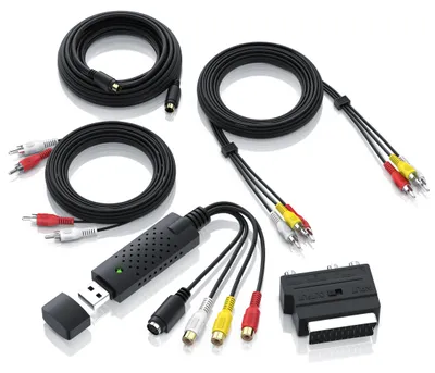 Image de Adaptateur USB pour capture vidéo avec entrées S-Video, composite et Cinch, compatible PAL et NTSC, incluant un adaptateur Scart. Permet de numériser des cassettes VHS et des caméscopes. Convertisseur vidéo pour PC, 1 unité, couleur noire