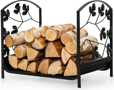 A black metal firewood rack filled with logs, displayed against a white background.