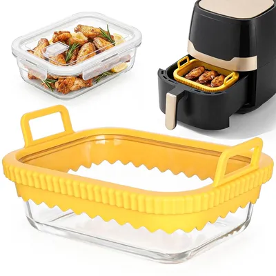 Productafbeelding van Cozary glazen ovenschotel voor airfryer, met siliconen handgreep en deksel, 21x16x6,5 cm