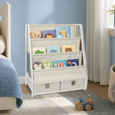 Produktbild von Montessori Kinder Bücherregal,Kinderregal mit 2 Aufbewahrungsbox,Kinder Bücherregal für Kinderzimmer,Spielzeug-Organizer 63x30x76cm Beige