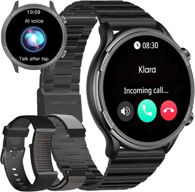 Produktbild von Smartwatch Herren rund Metallarmband mit Telefonfunktion, WhatsApp-Funktion, Blutdruckmessung, Schrittzähler, Sprachassistent-Funktion,Fitness-Tracker