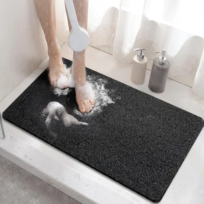 Obrázek produktu pro Protiskluzová sprchová rohož, 60 x 40 cm, protiskluzová koupelnová rohož s odtokem, měkká koupelnová rohož z PVC a lufy, rychle schnoucí, černá