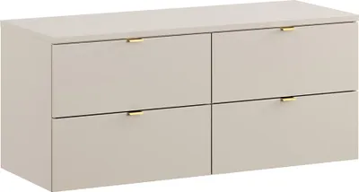 A beige cabinet with four drawers and gold handles.