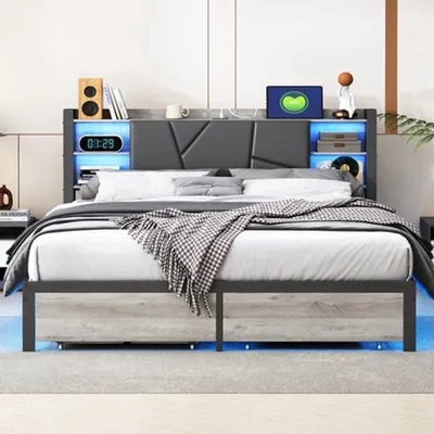 Image de Lit double 140x200 cm - Métal - Noir - Avec espace de rangement, éclairage LED et ports USB