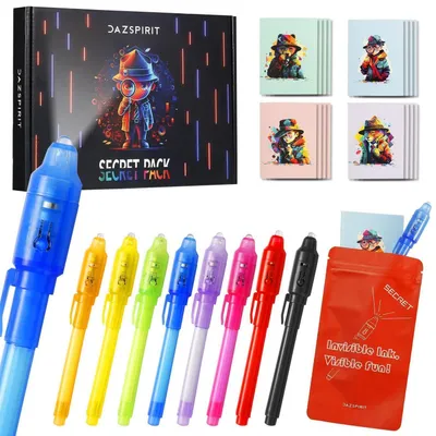 Produktbild von Geheimstift und Notizbuch-Set 8 Stück mit UV-Licht | Partytütenfüller für Kinder | Unsichtbarer Stift mit Detektiv-Thema