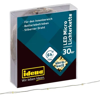 The image shows the packaging of an Idena LED micro light chain.